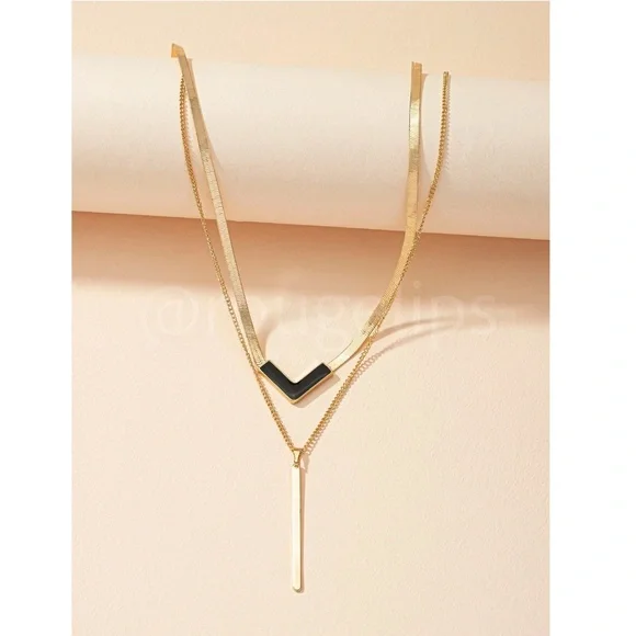 Layered Charm Gold Tone Chain Necklace Zinc Alloy Black V charm, Geometric - Picture 3 of 5